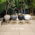 Ribbed Gold-Rimmed Planter with Wooden Legs