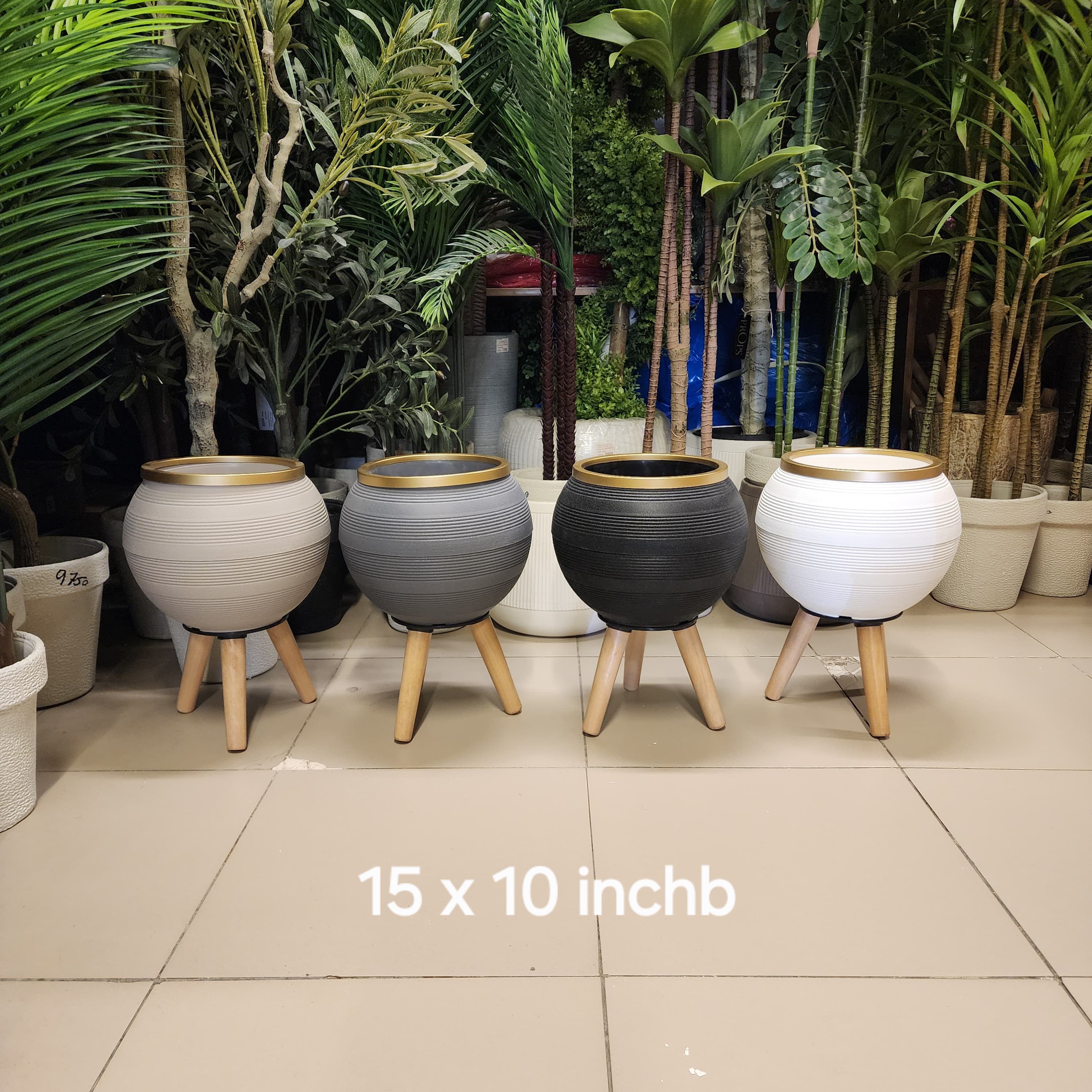 Ribbed Gold-Rimmed Planter with Wooden Legs