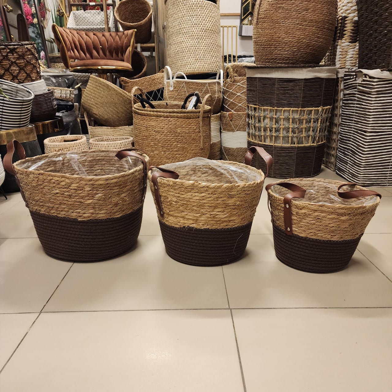 Two-Tone Woven Seagrass Baskets or Jute Rope Baskets