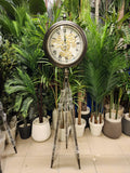 Antique Brass Industrial Tripod Floor Clock with Moving Gears