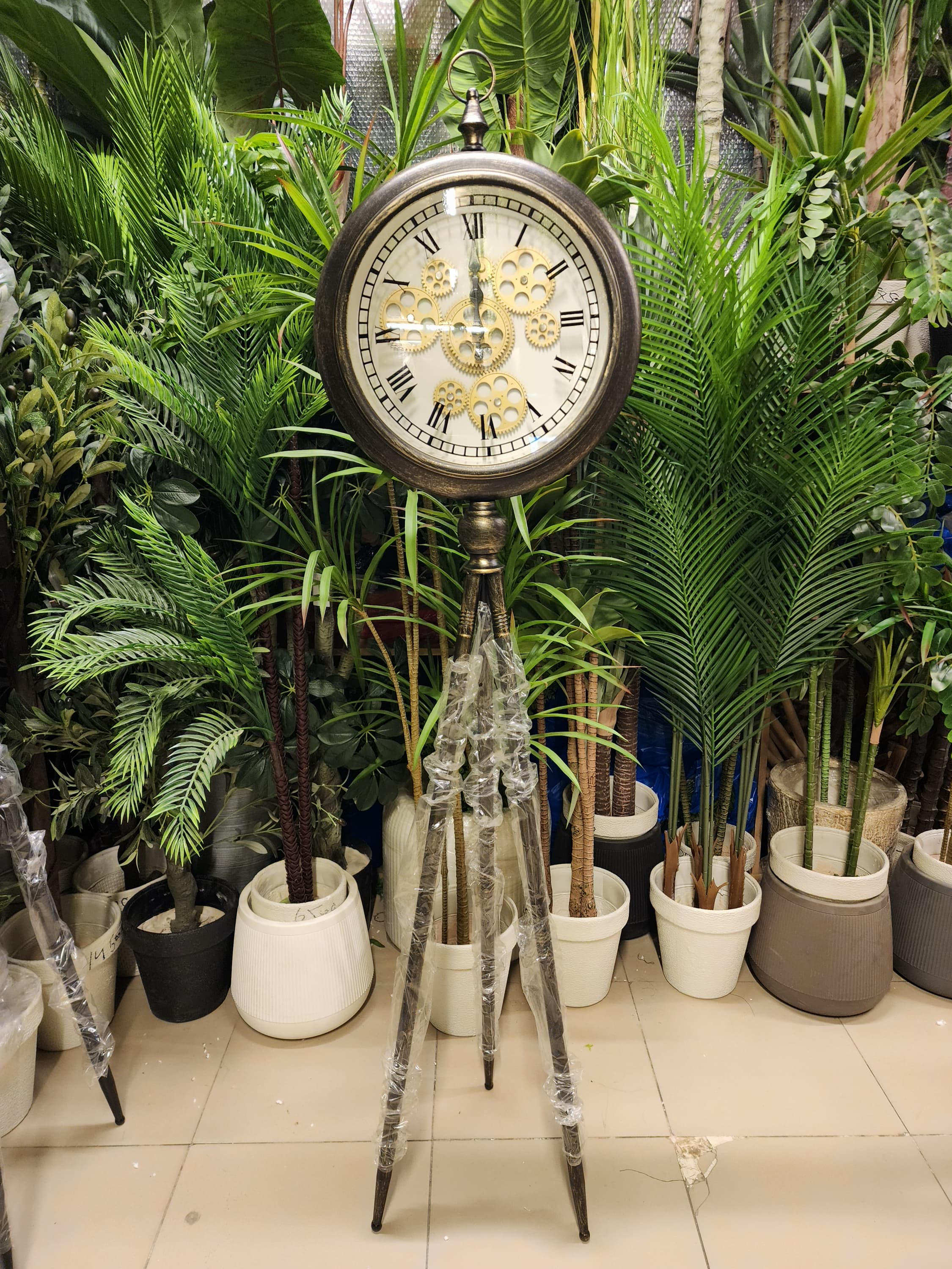 Antique Brass Industrial Tripod Floor Clock with Moving Gears