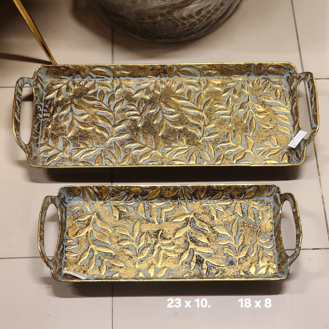 Embossed Gold Leaf Verdigris Rectangular Metal Trays