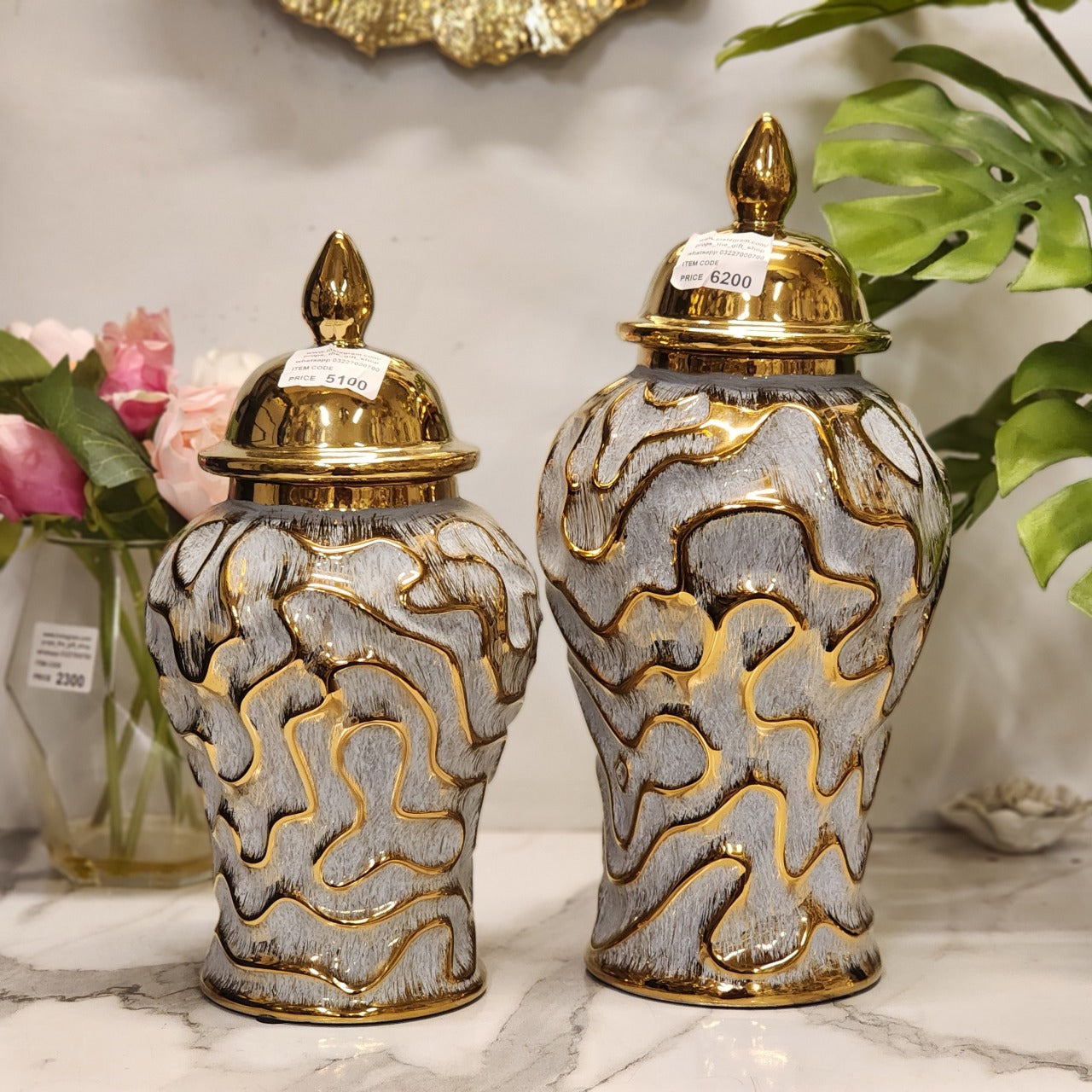 metallic glaze with a relief pattern ginger jars
