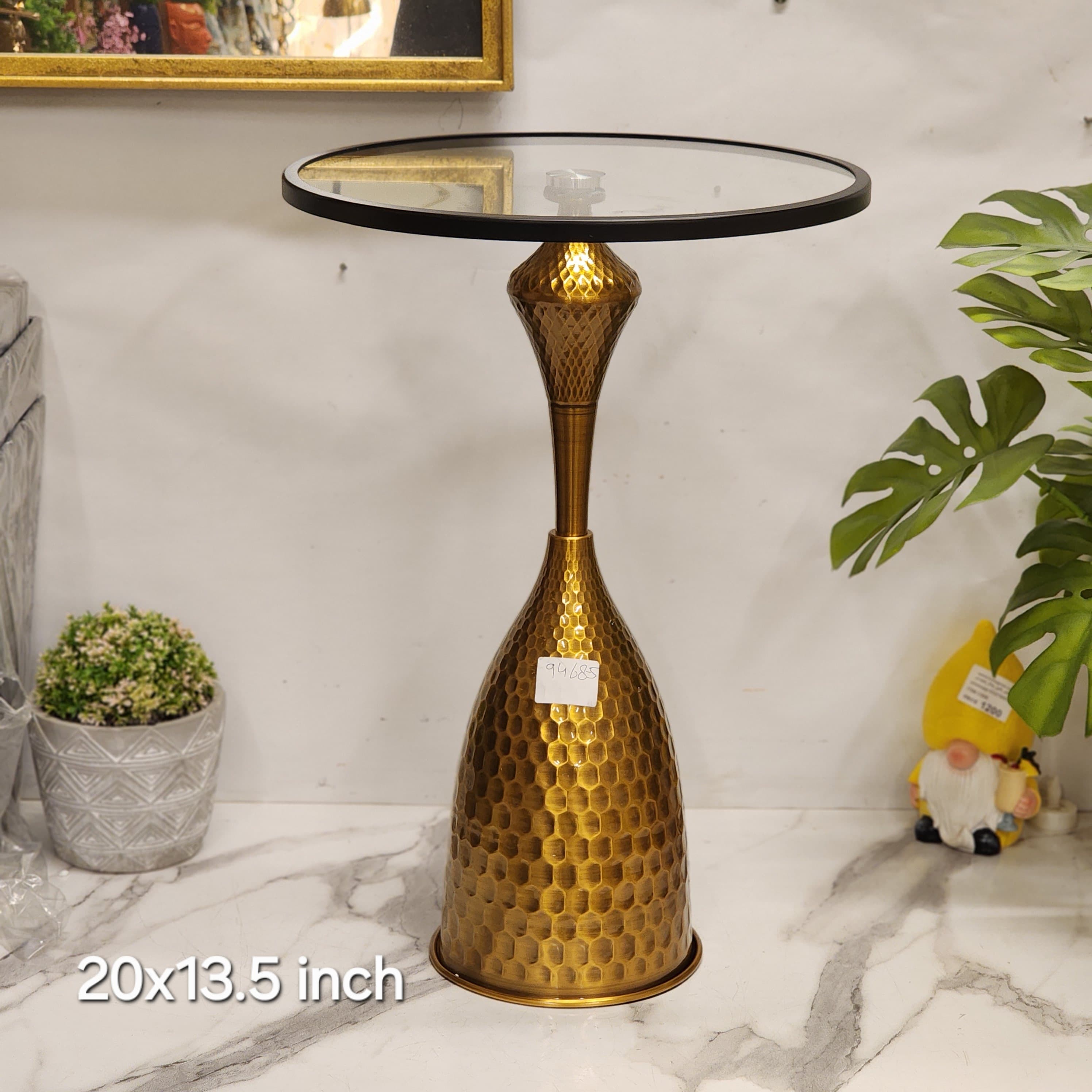 Hammered Gold Pedestal Drink Table with a Glass Top