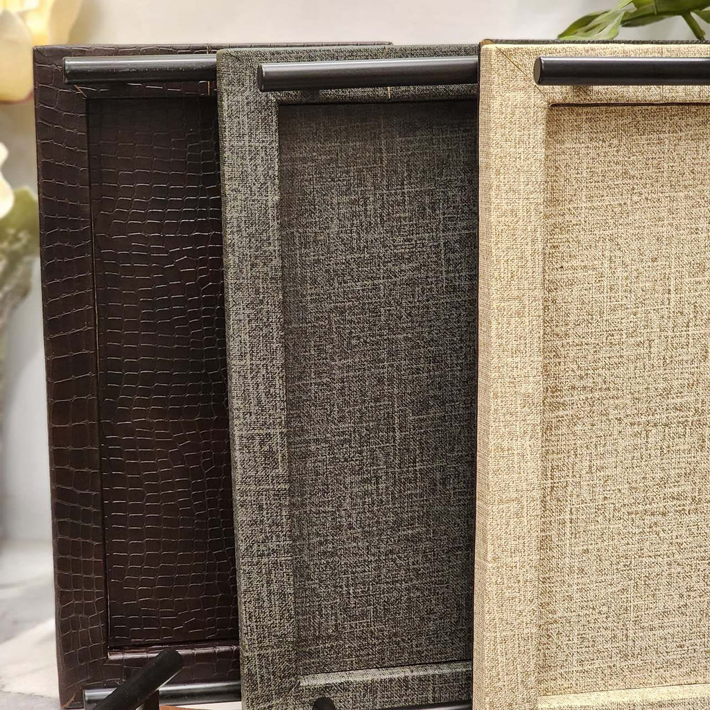 Textured Leatherette Vanity & Serving Trays with Metal Handles