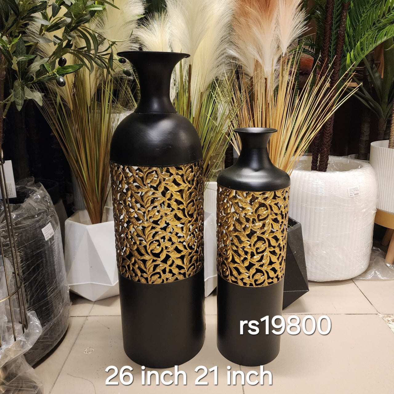 Matte Black and Gold Filigree Metal Floor Vases