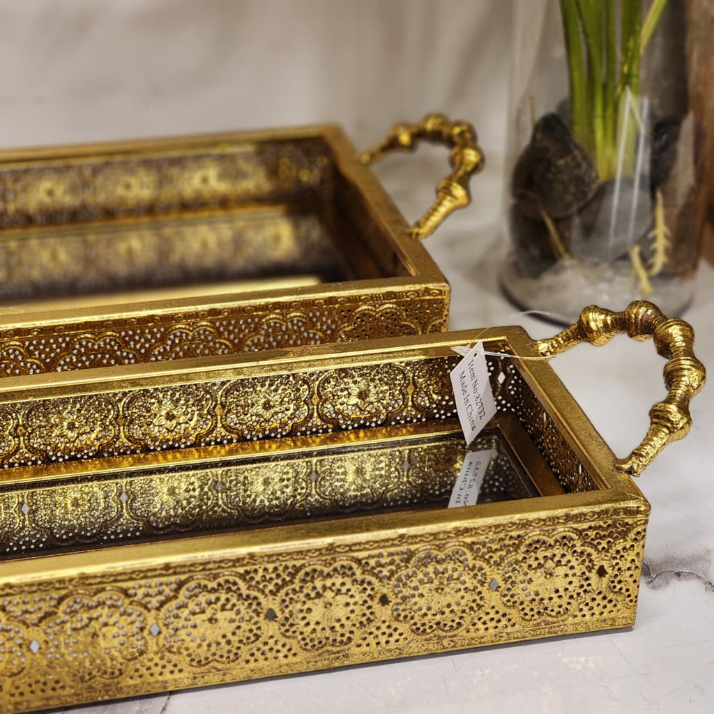 Gold Embossed Mirrored Long Tray Set