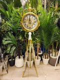 Industrial Steampunk Tripod Floor Clock with Exposed Gears