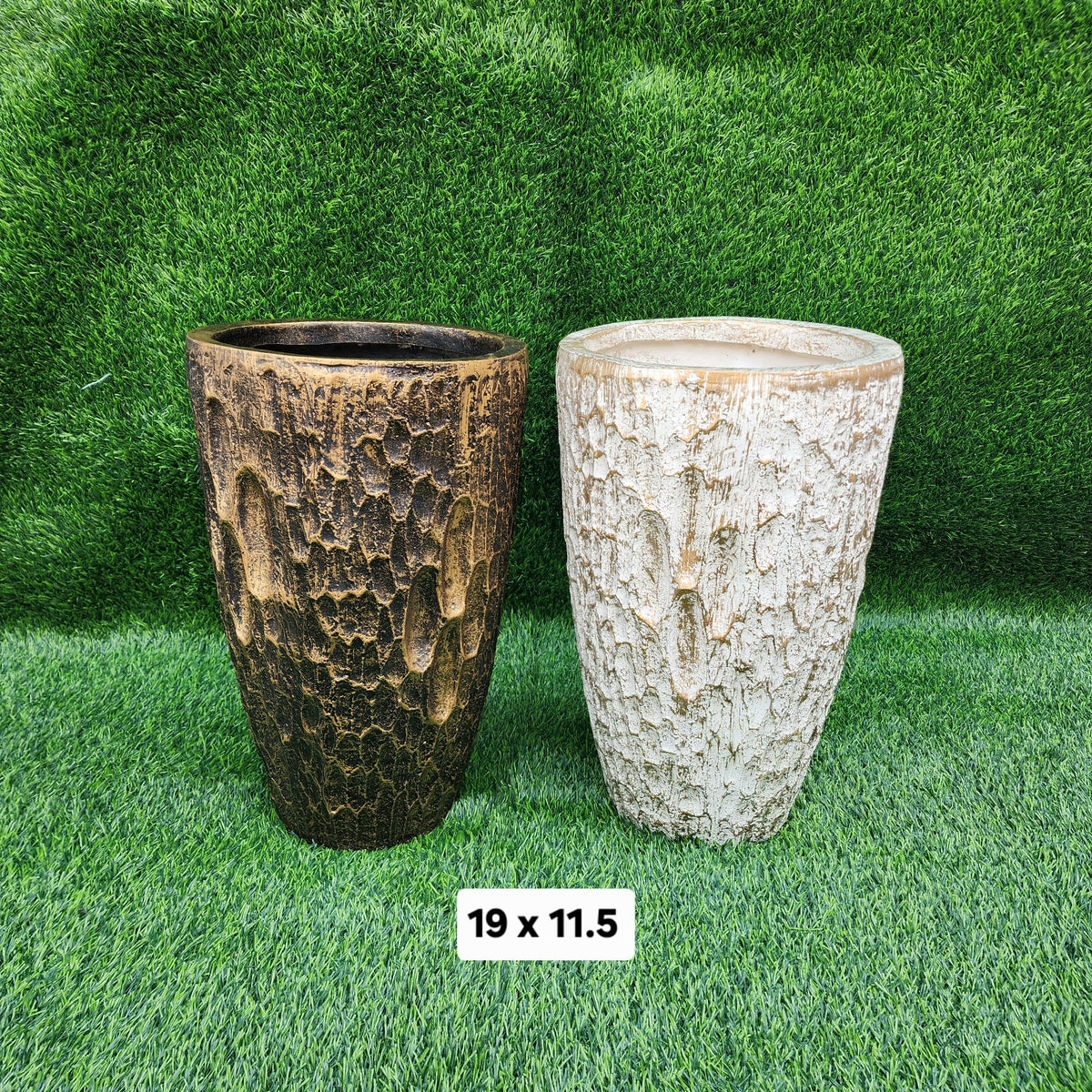 bark-textured tall urn planter