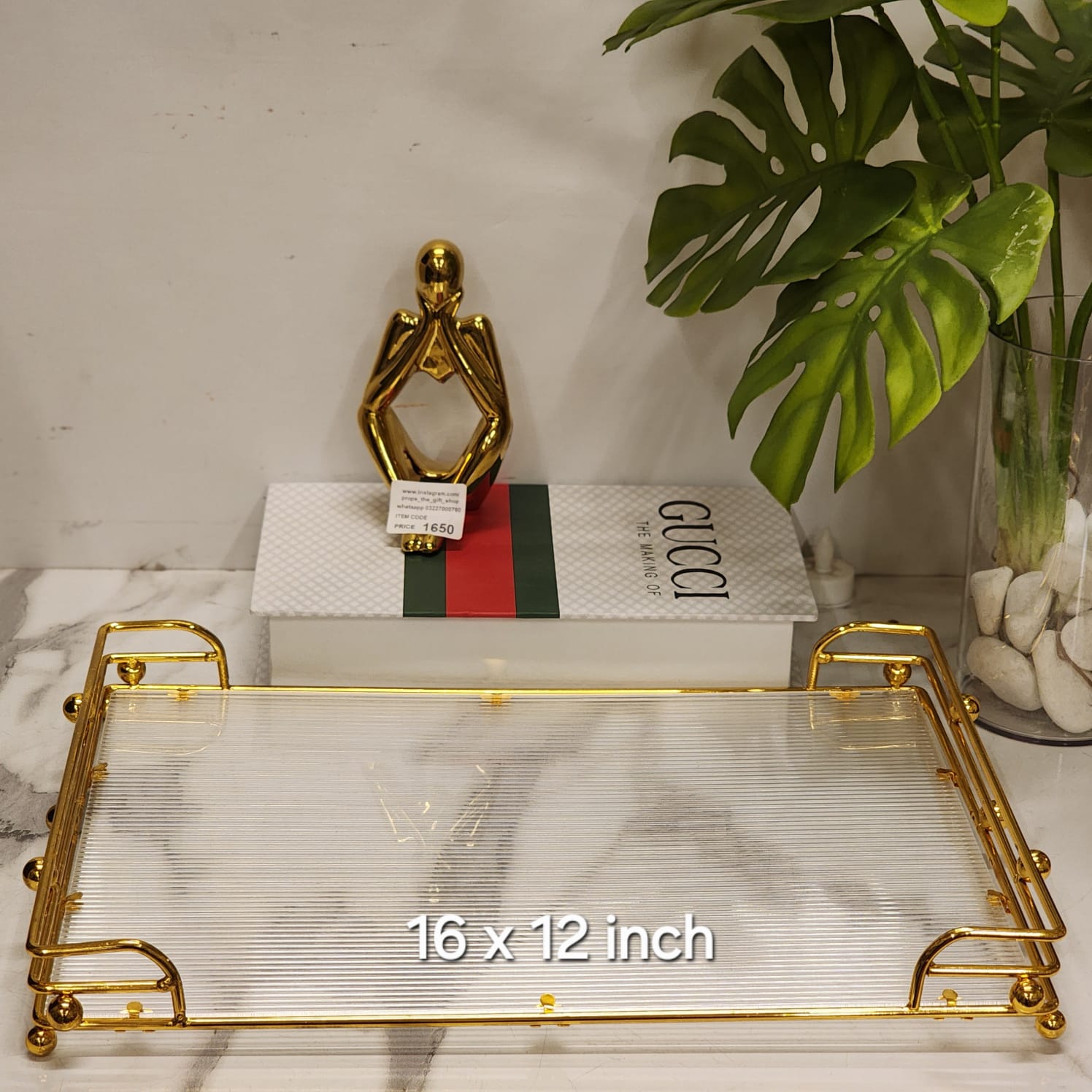Rectangular Ribbed Acrylic Serving Tray with Gold Metal Handles