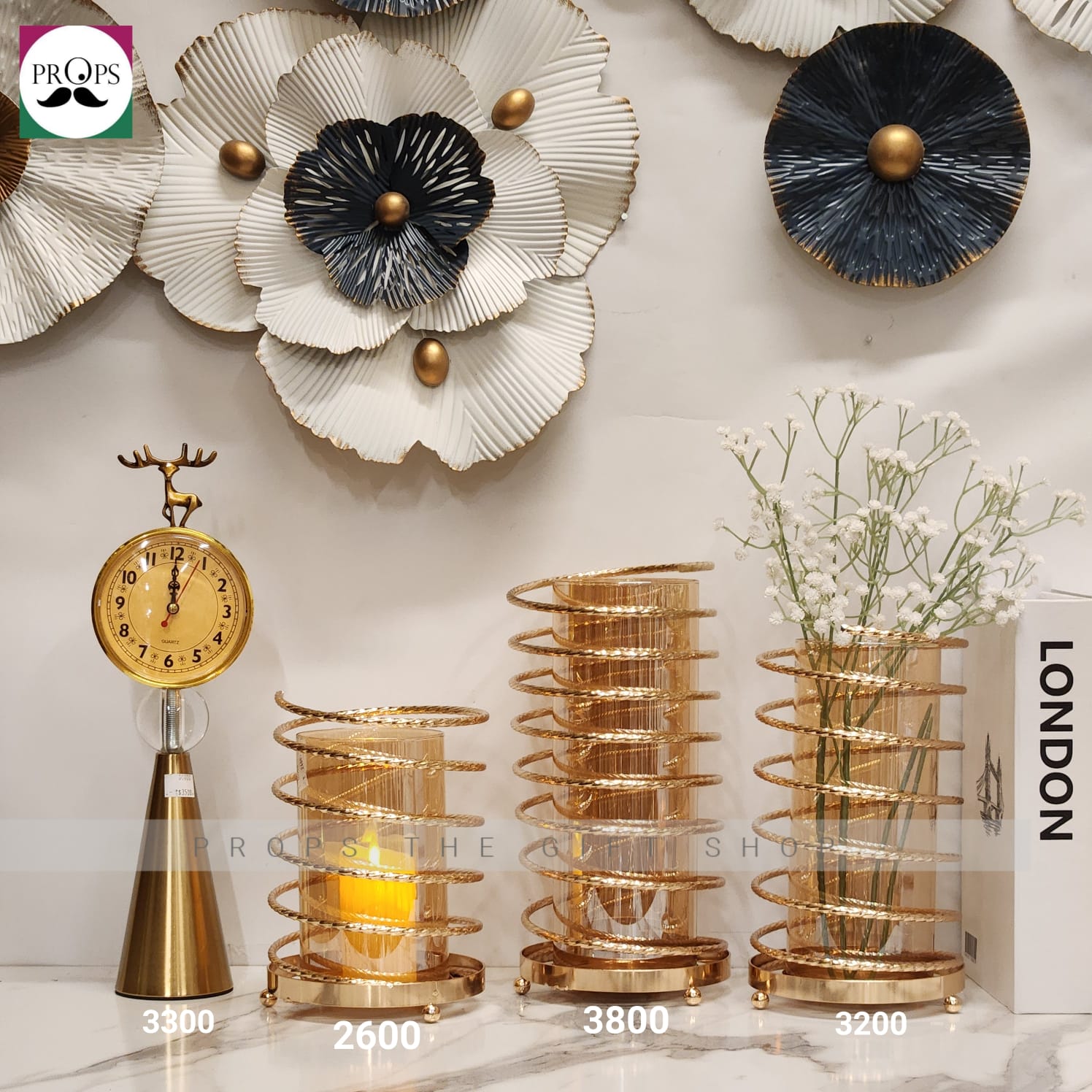Gold Coil Glass Vases & Clock