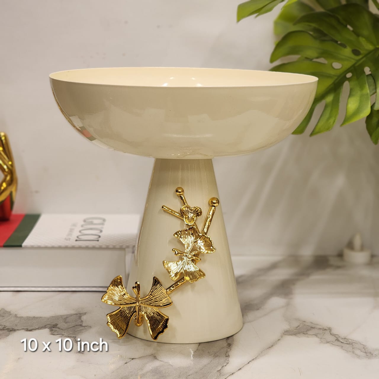 Modern Cream Pedestal Decorative Bowl with Gold Ginkgo Leaf Accent