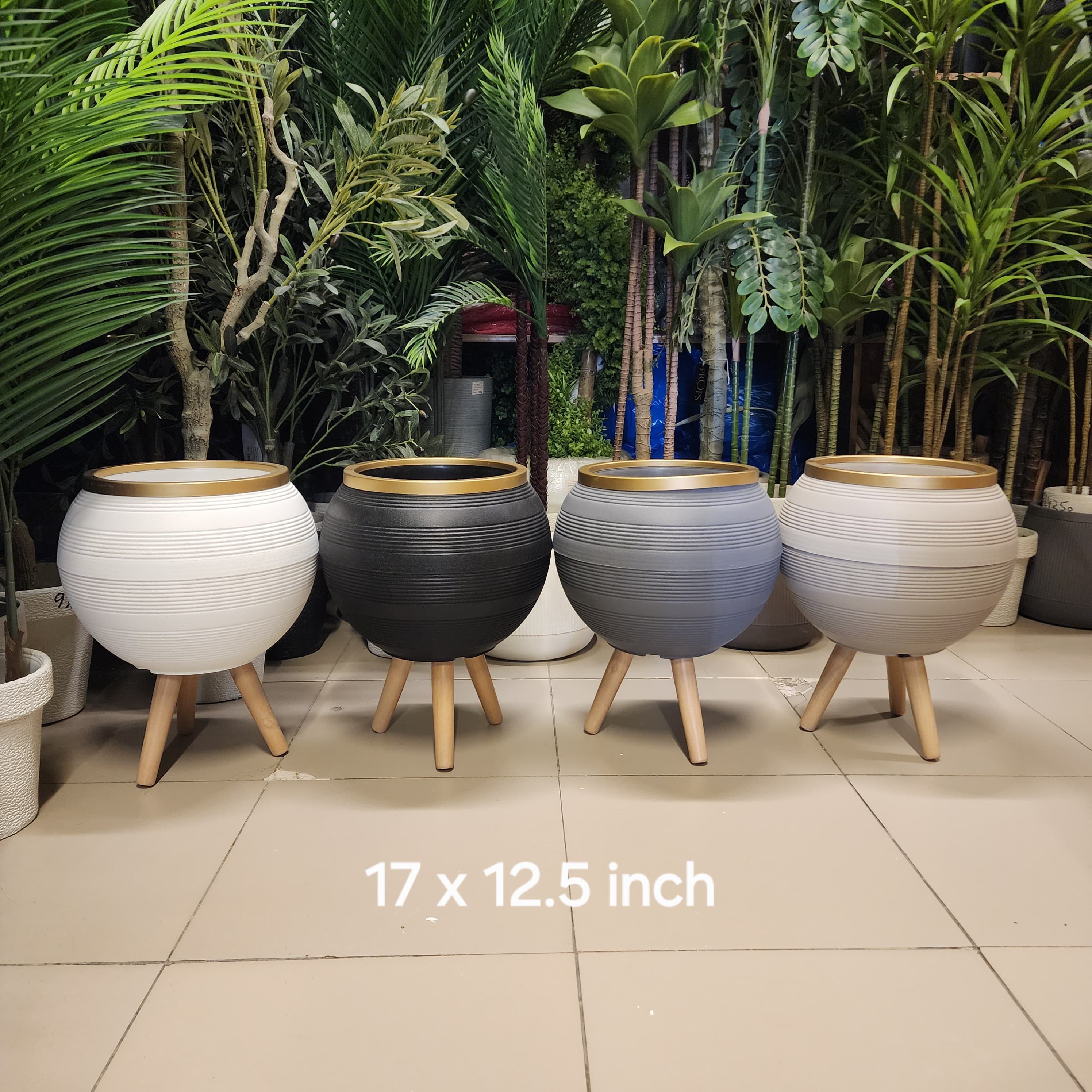 Ribbed Gold-Rimmed Planter with Wooden Legs