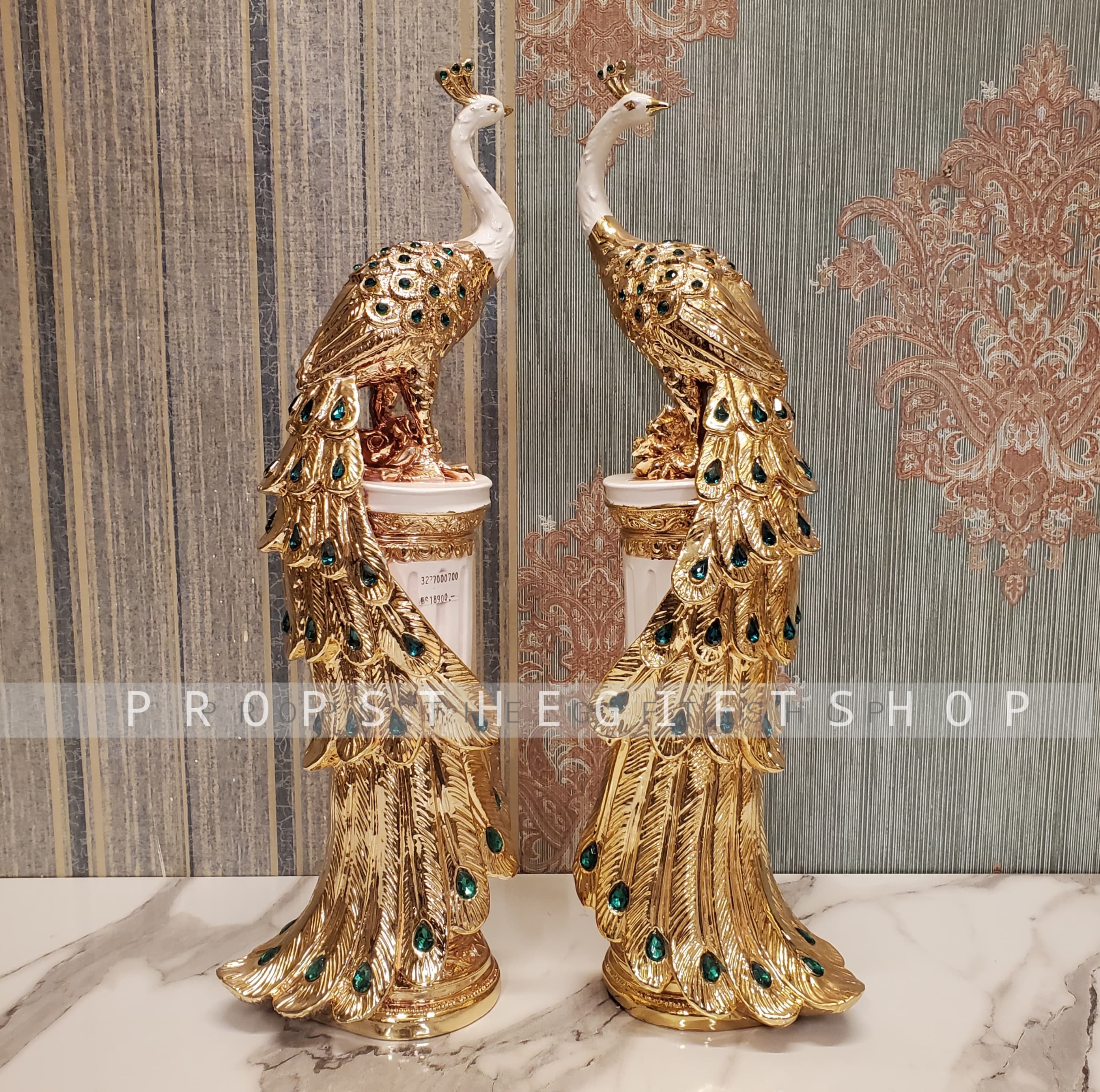 Gold Metal Peacock Statue Set with Emerald Accents