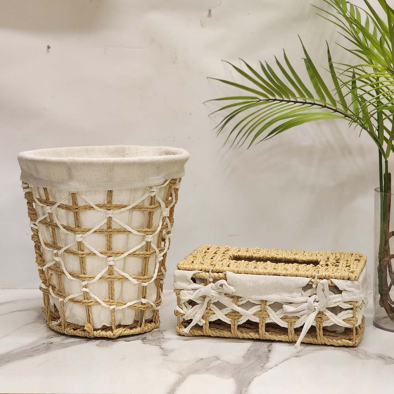 Handwoven Jute & Seagrass Trash Can and Tissue Box Cover Set
