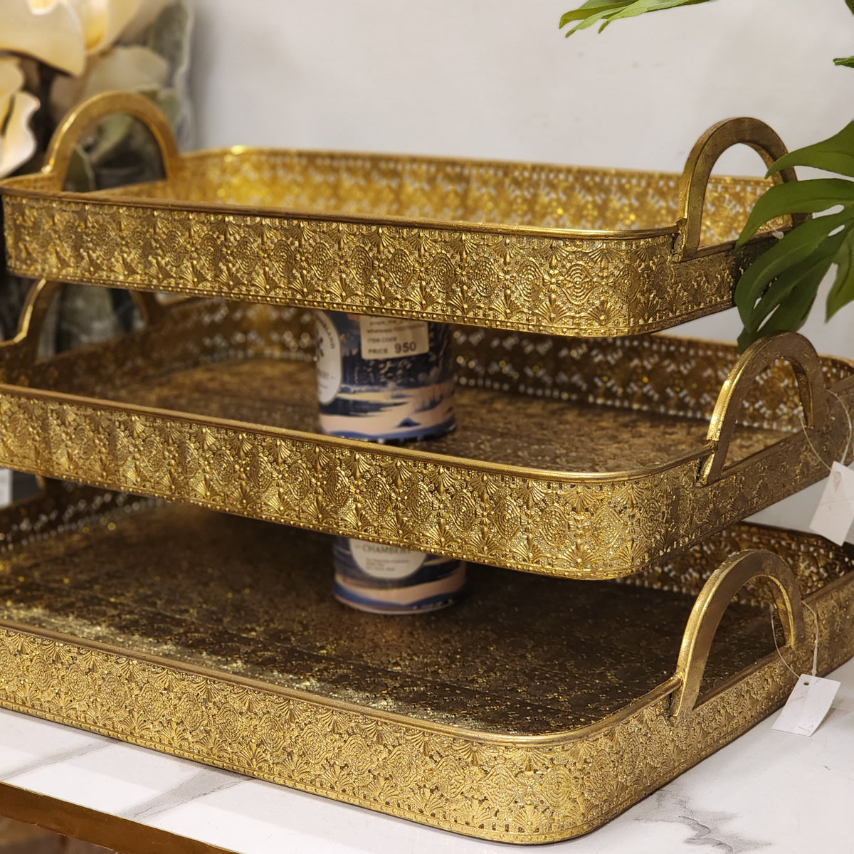 Gold Embossed Decorative Metal Trays with Side Handles